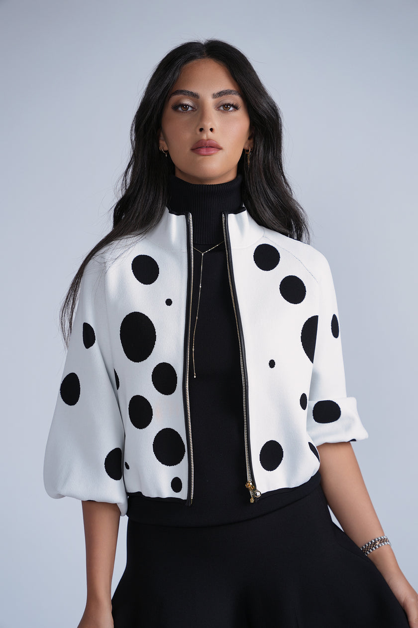 Aleeza Paris Polka dot Knit Bomber Jacket