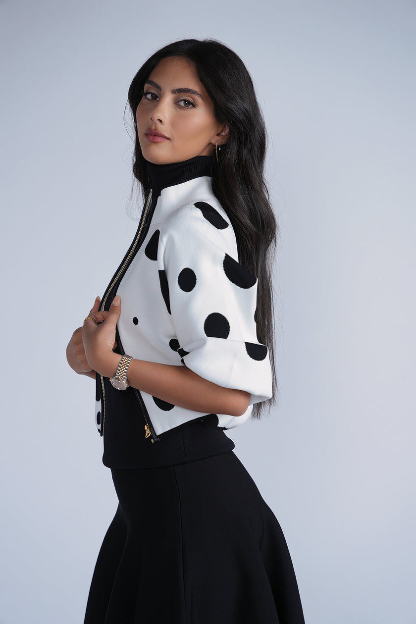 Aleeza Paris Polka dot Knit Bomber Jacket