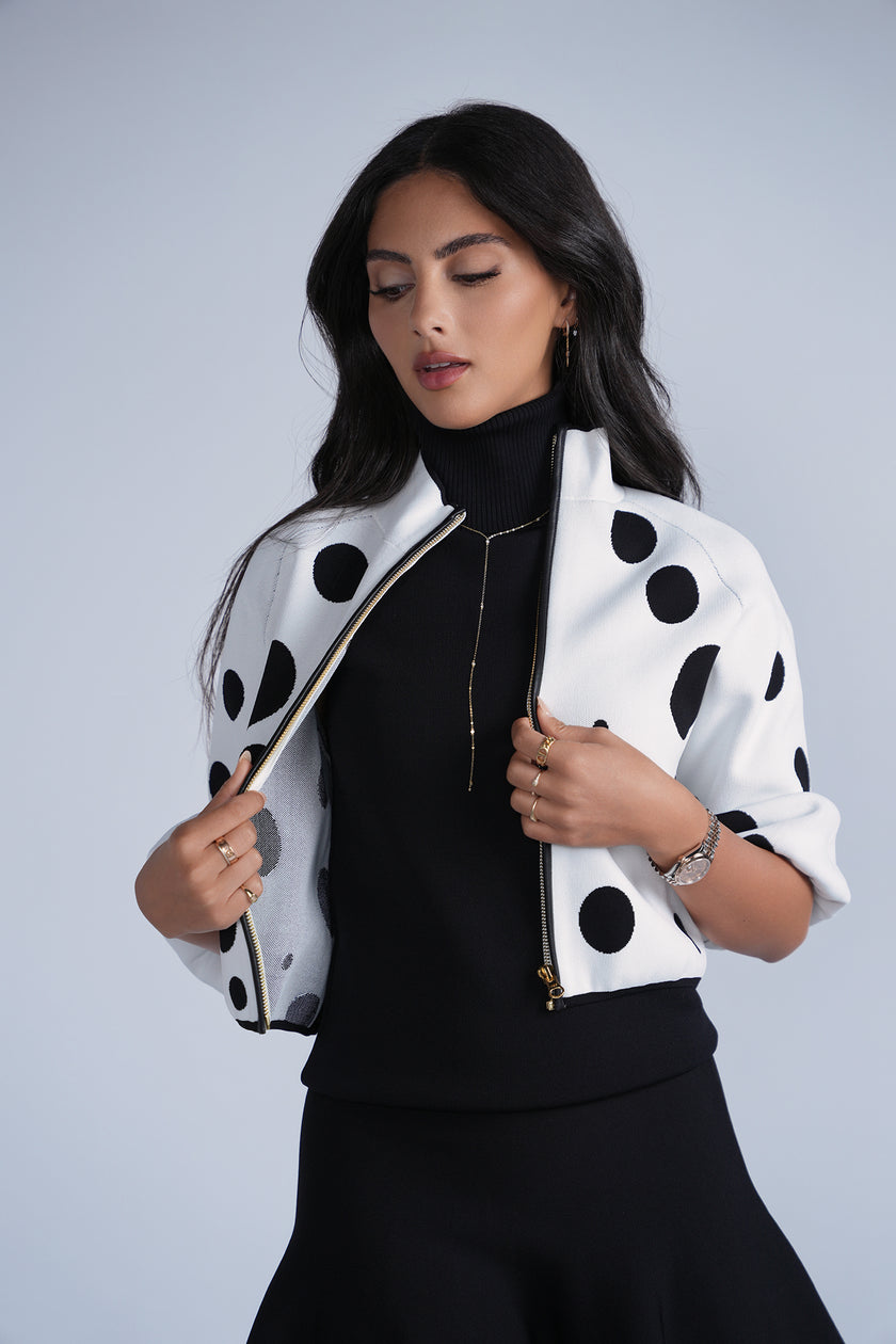 Aleeza Paris Polka dot Knit Bomber Jacket