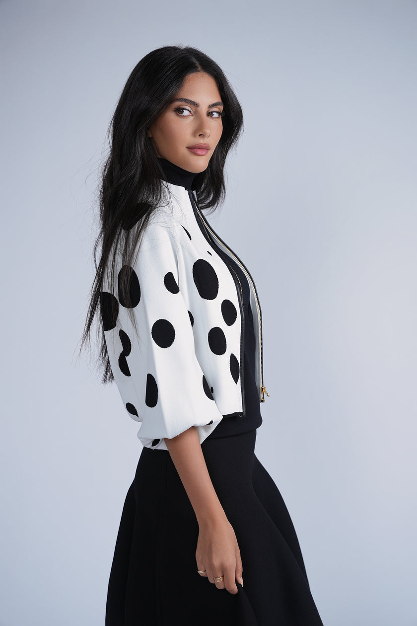 Aleeza Paris Polka dot Knit Bomber Jacket