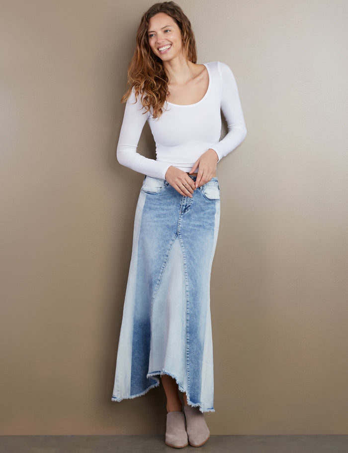 Wash Selma Pieced Denim Maxi Skirt