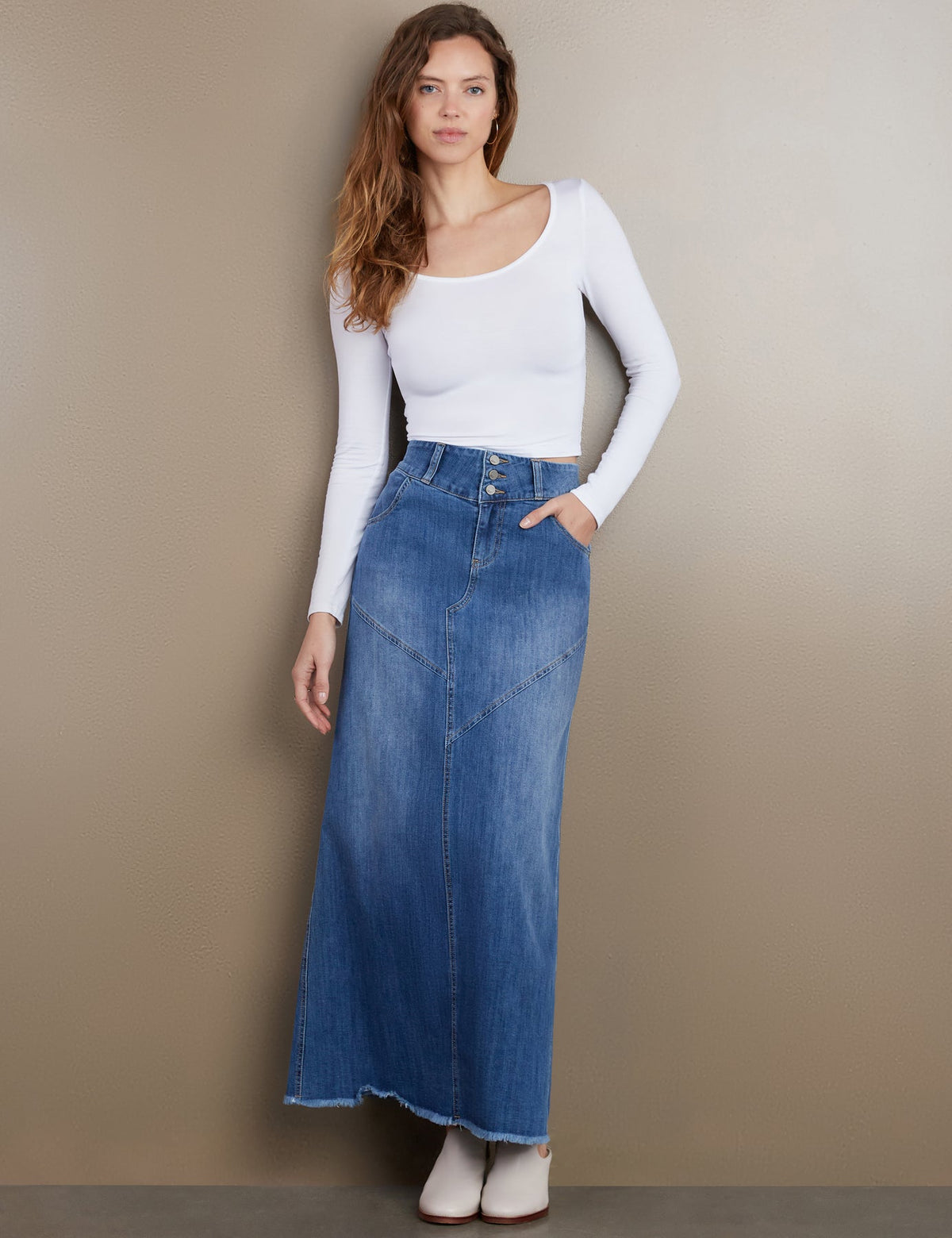 Wash Pieced Denim Maxi Skirt