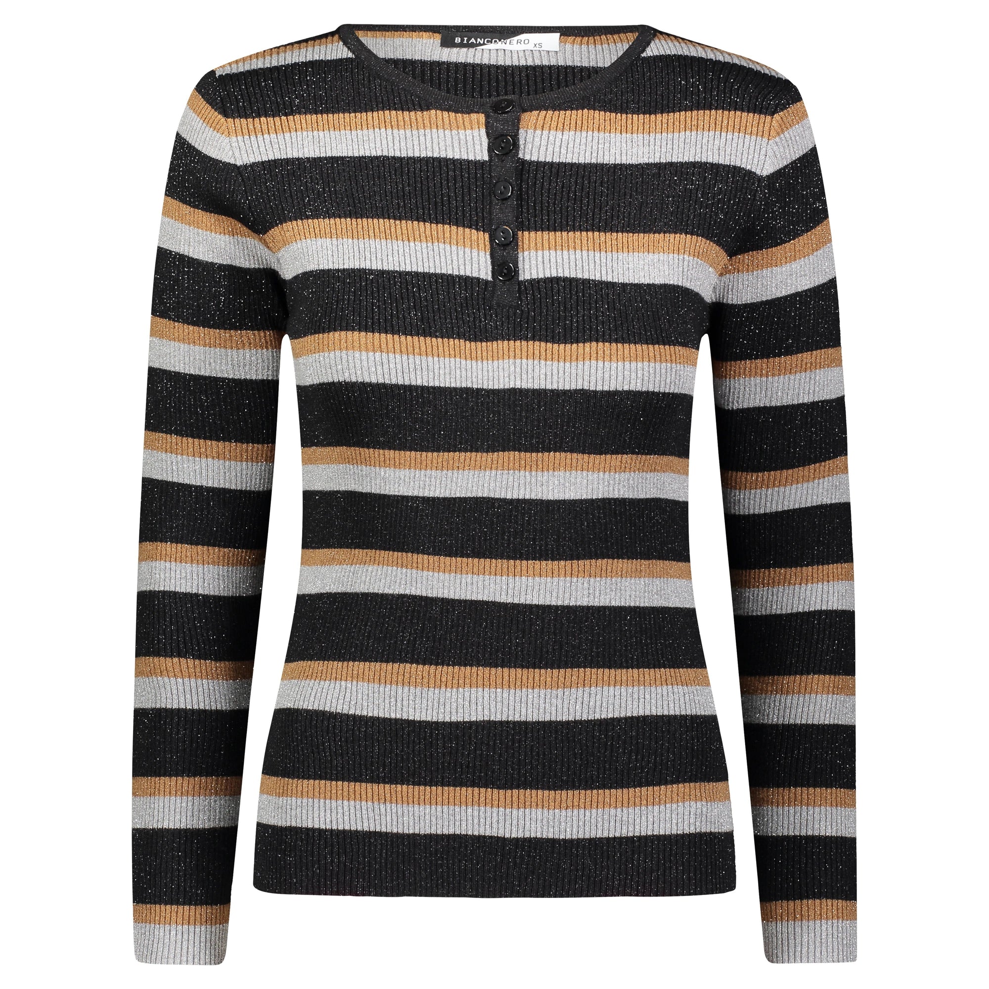 Bianco Nero Henley Striped Knit Top-Top-Mementos