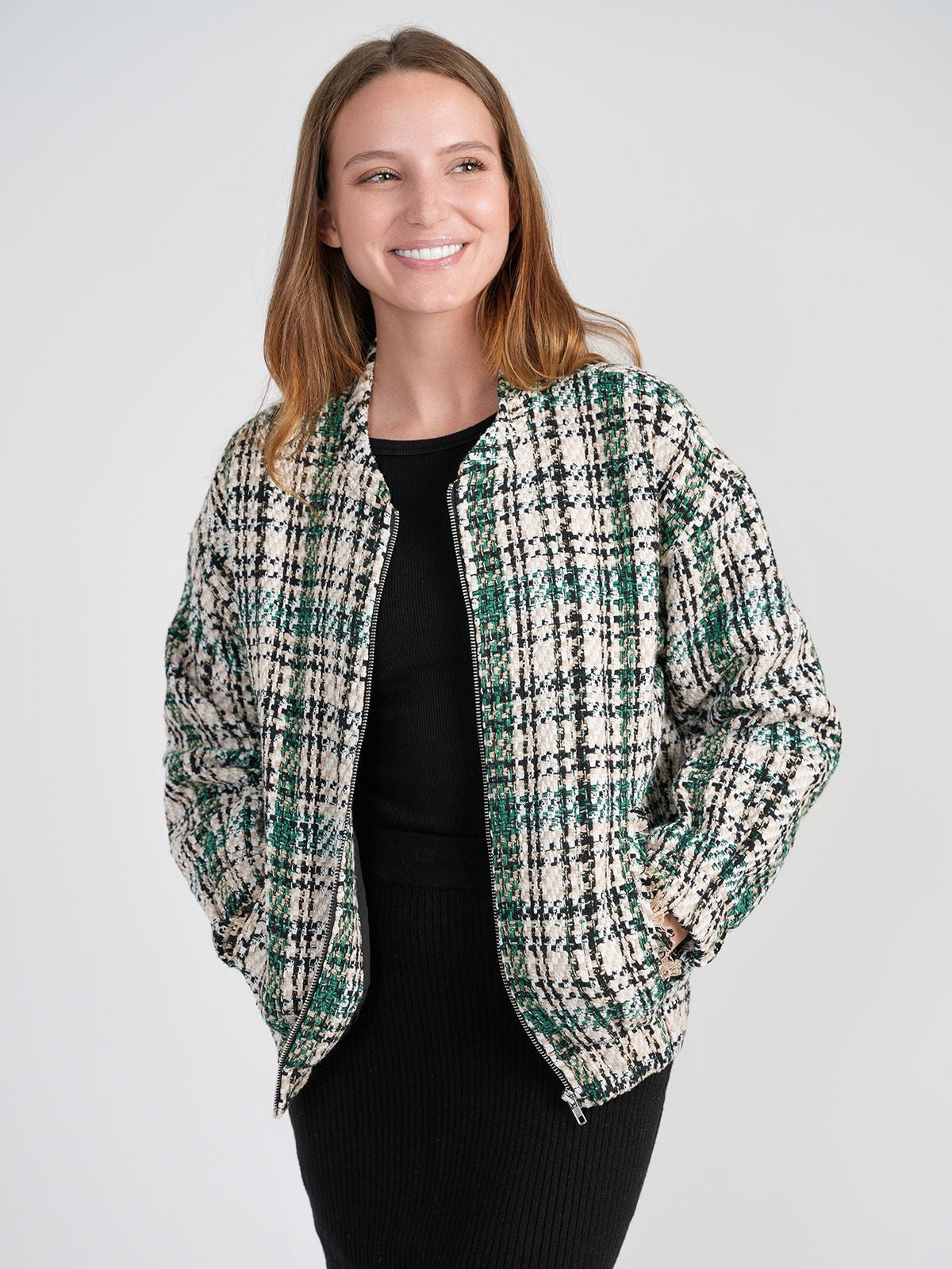 Bliss Tweed Plaid Bomber Jacket