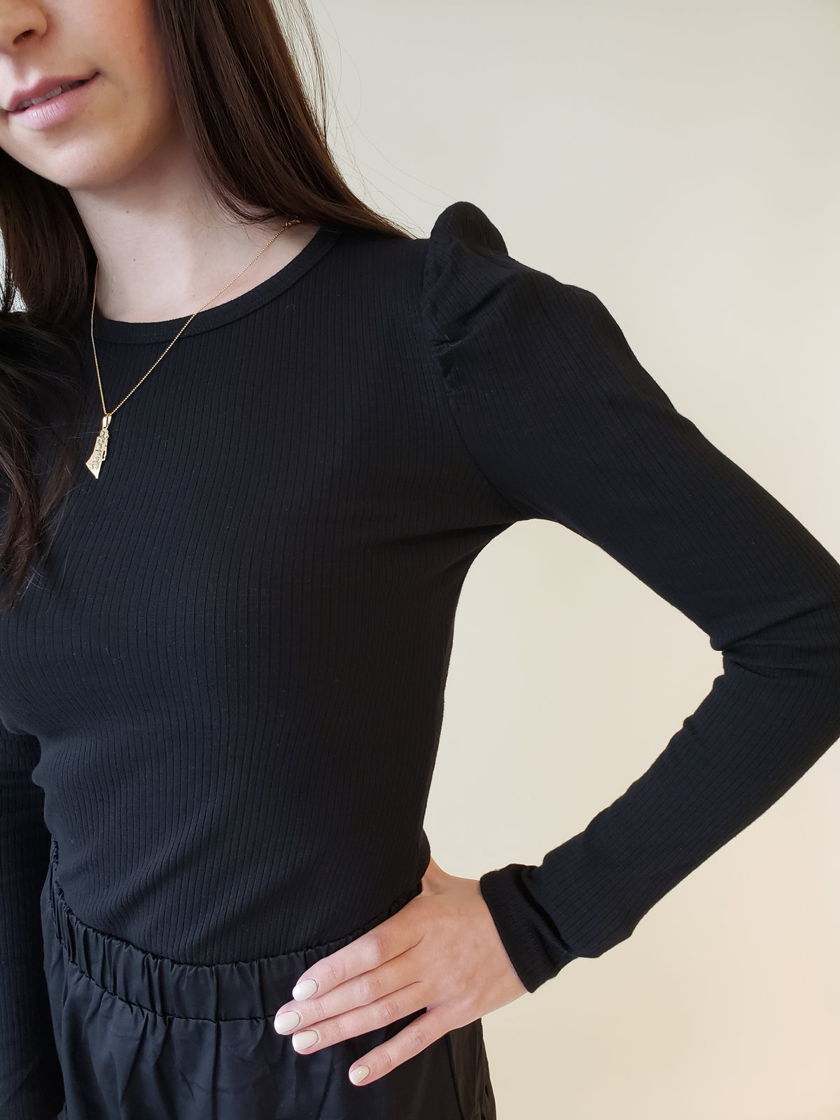 Bliss Ribbed Puff Sleeve LS Top-Top-Mementos
