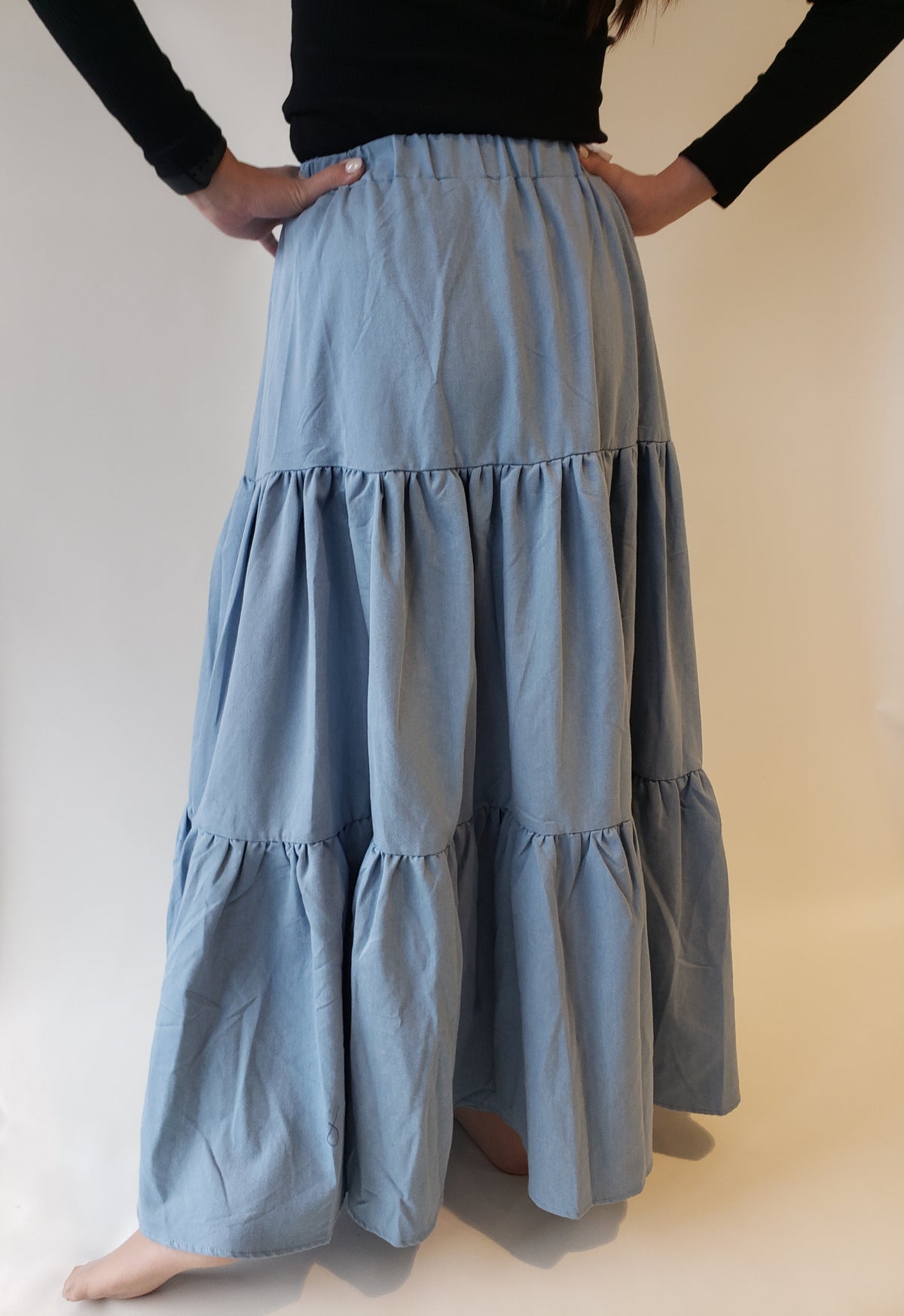 Bliss Tiered Denim Maxi Skirt-Skirt-Mementos