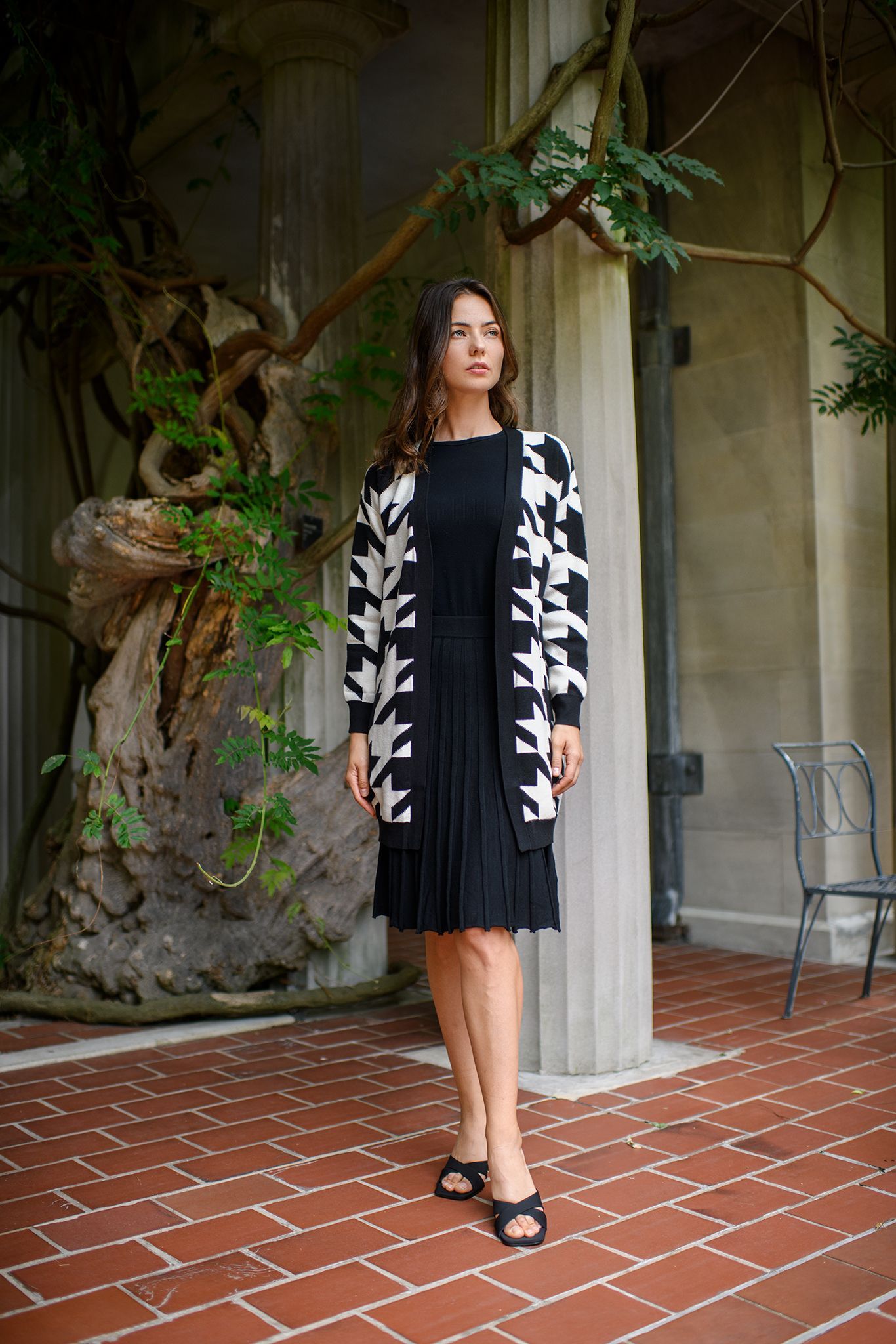 Bliss Knit Houndstooth Cardigan B/W-Cardigan-Mementos