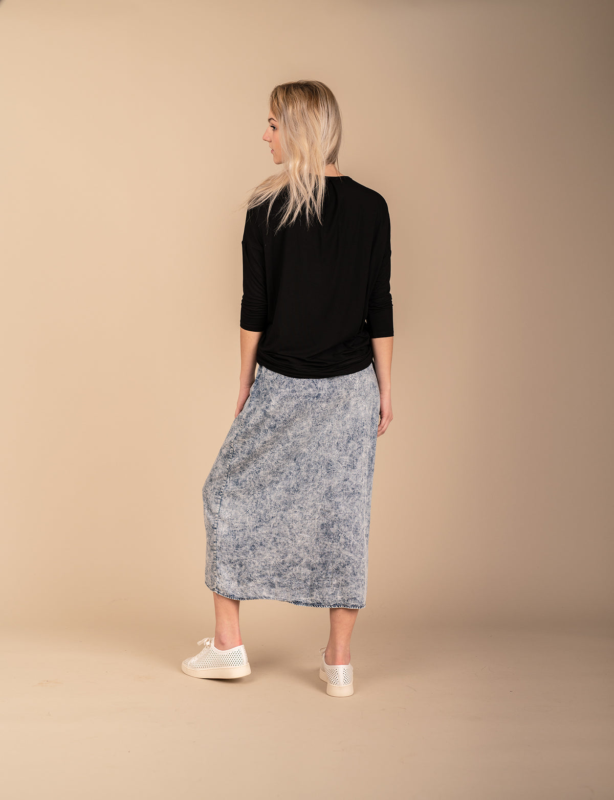 Meli Stone Washed Denim Midi Skirt-Skirt-Mementos