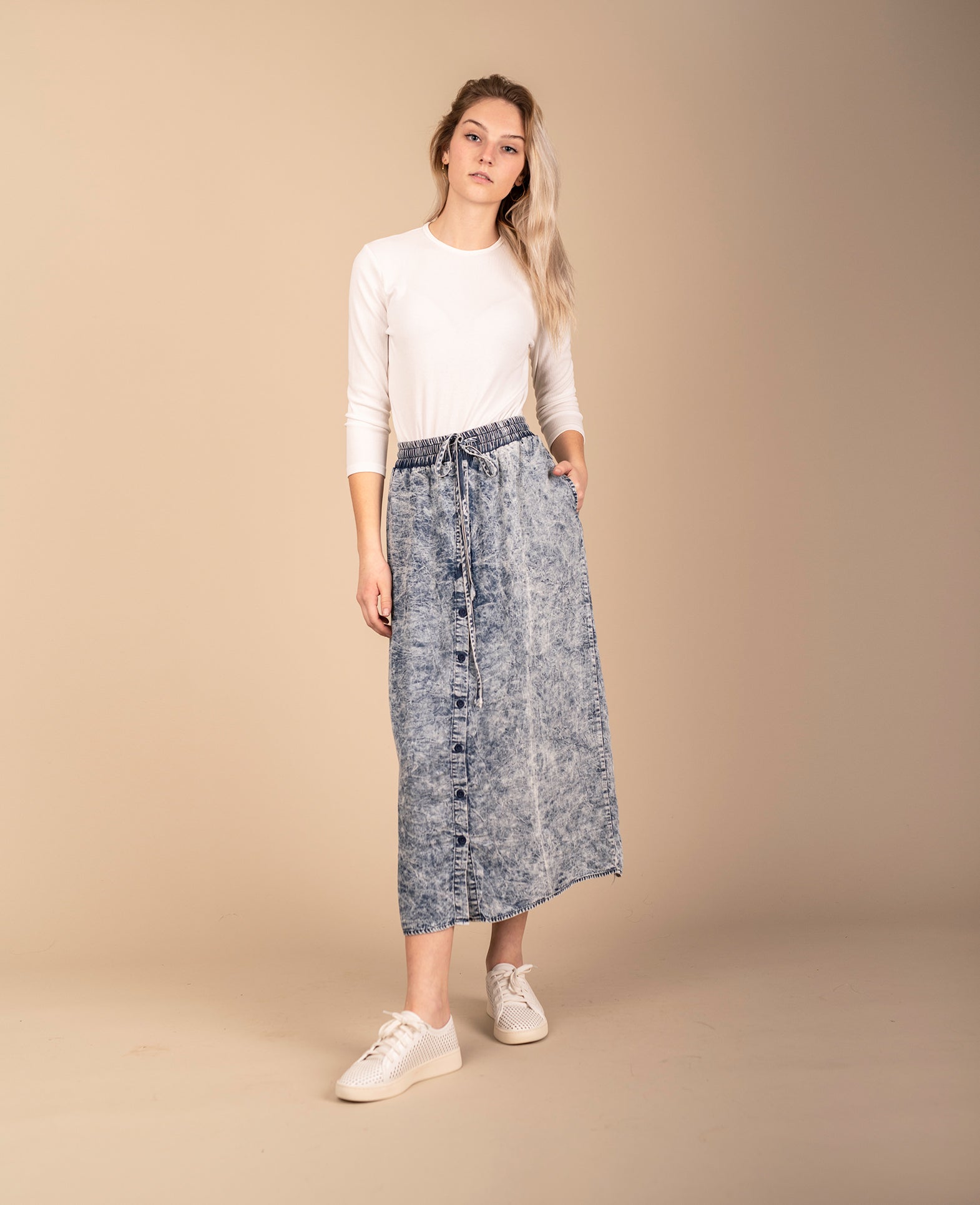 Meli Stone Washed Denim Midi Skirt-Skirt-Mementos