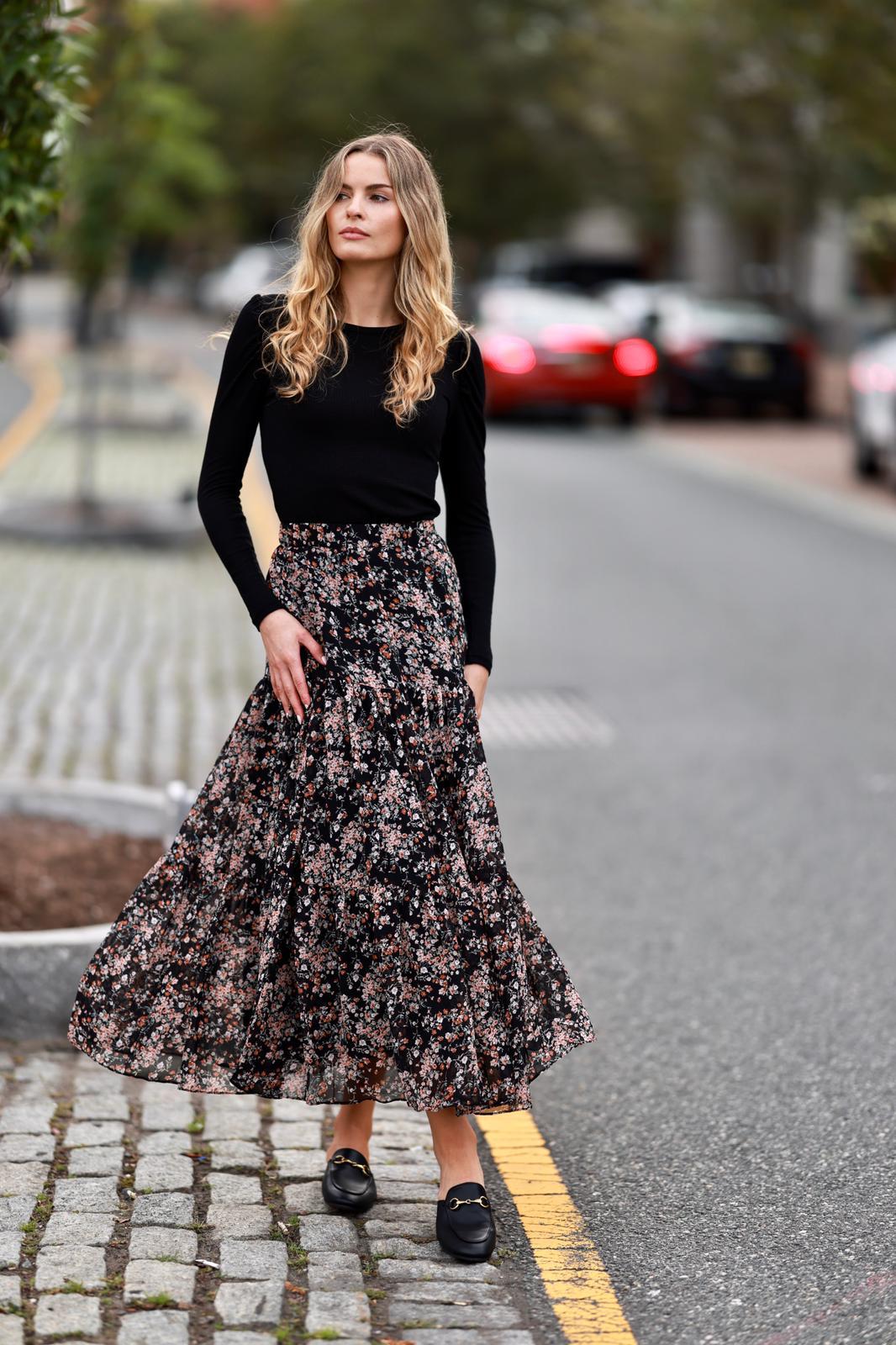 Duarte Black and Red Floral Print Pleated Tiered Midi Skirt  Tiered midi  skirt Red floral skirt Midi skirt