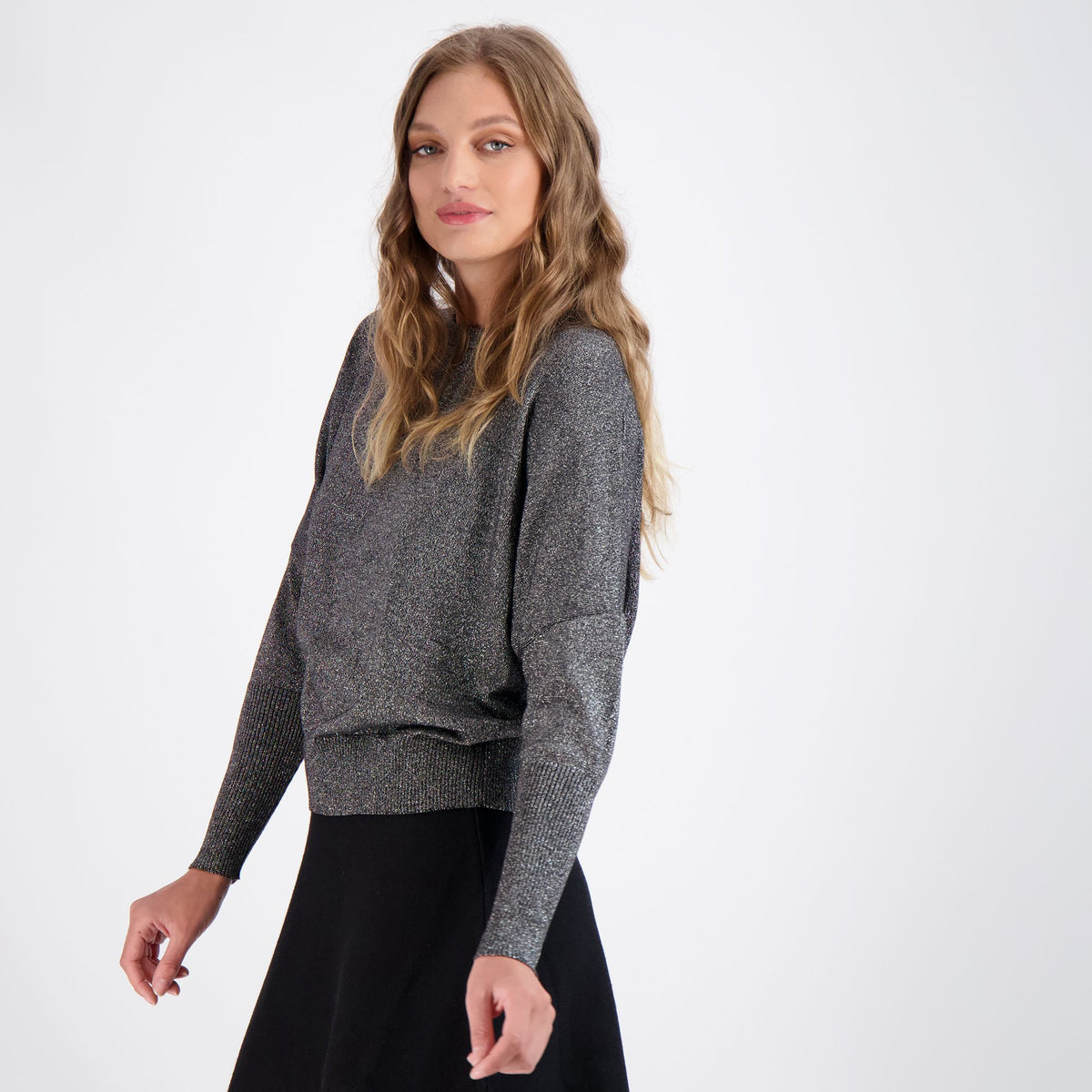 Bianco Nero Shimmer Knit Dolman Top-Top-Mementos