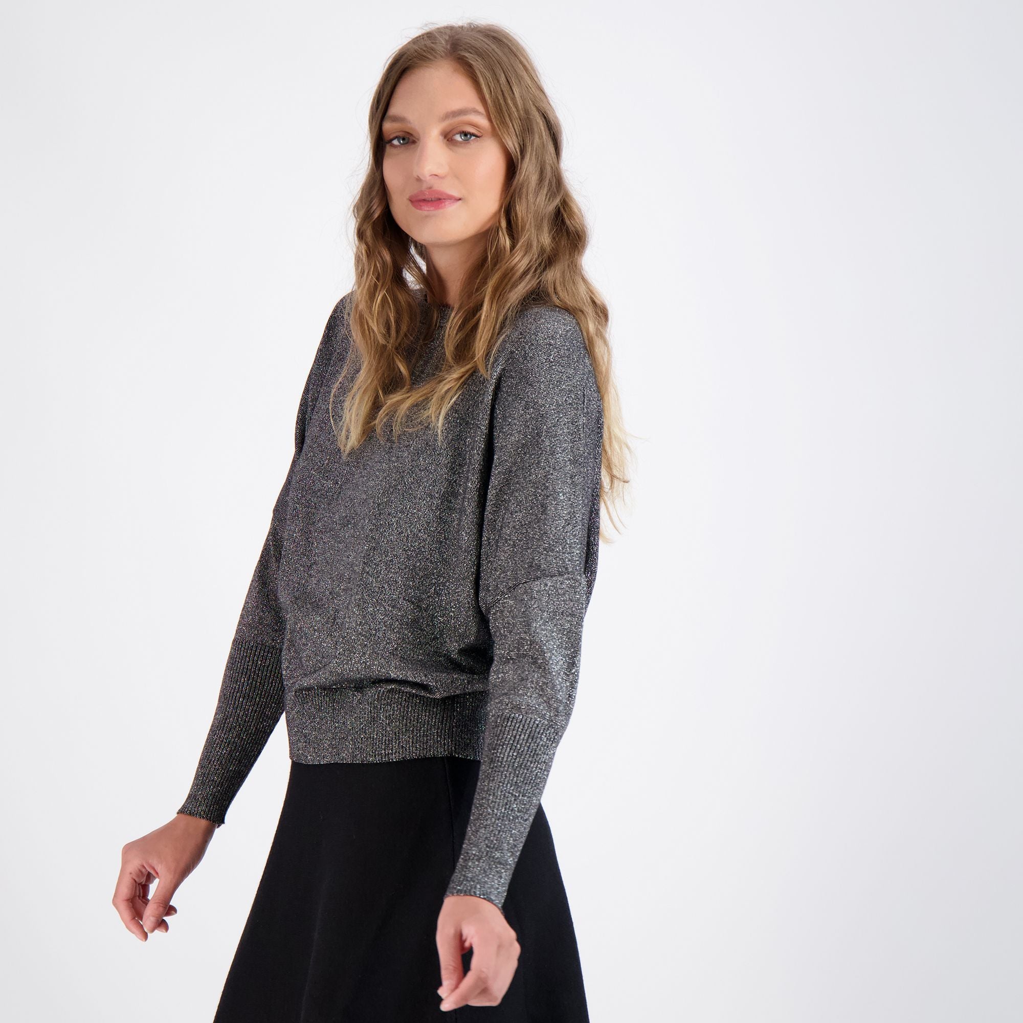 Bianco Nero Shimmer Knit Dolman Top-Top-Mementos