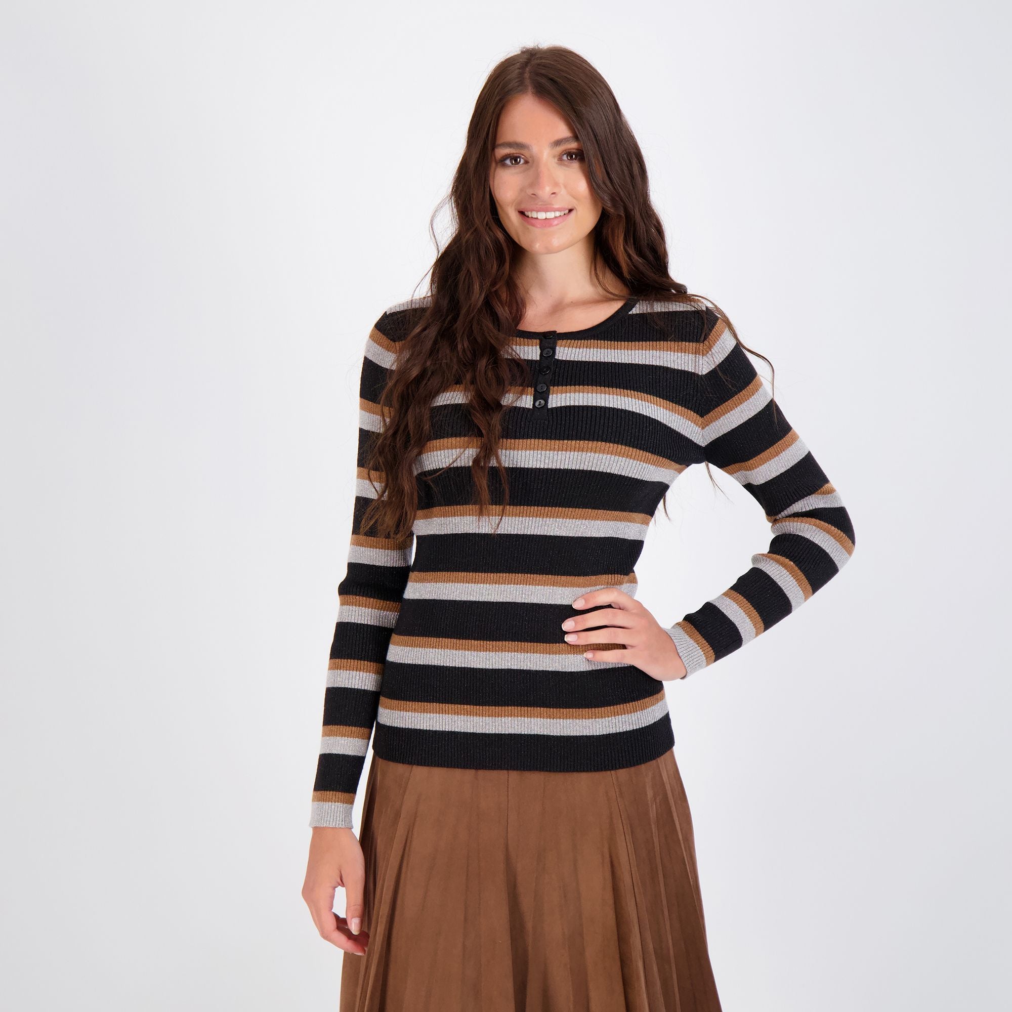 Bianco Nero Henley Striped Knit Top-Top-Mementos