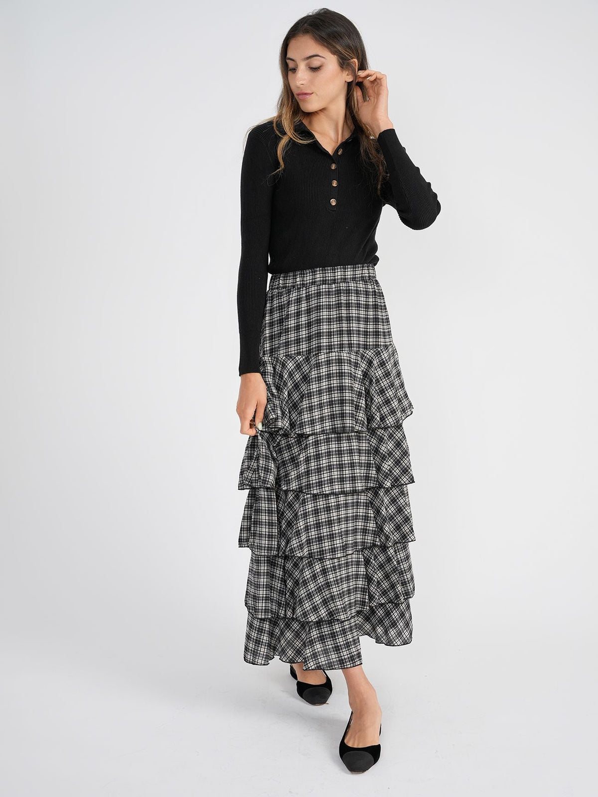 Bliss Plaid Tiered Maxi Skirt