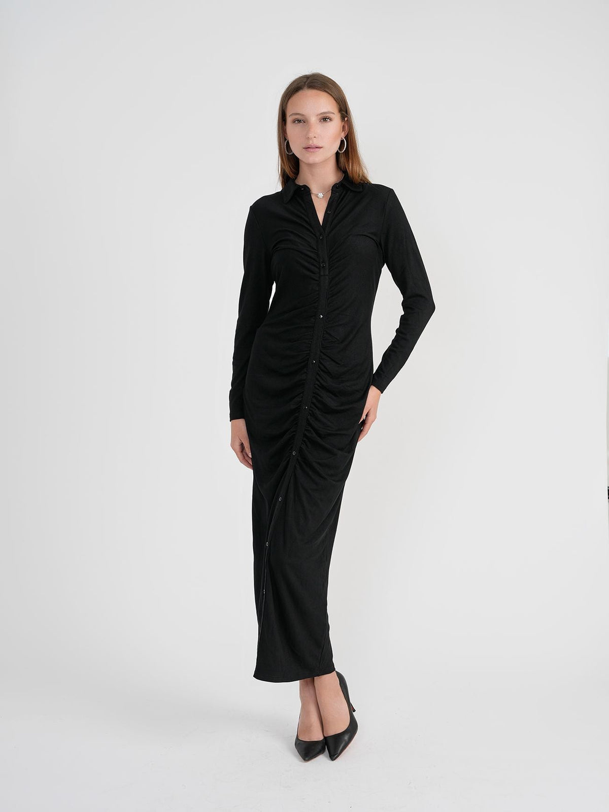 Bliss Ruched Maxi Slinky Shirt Dress