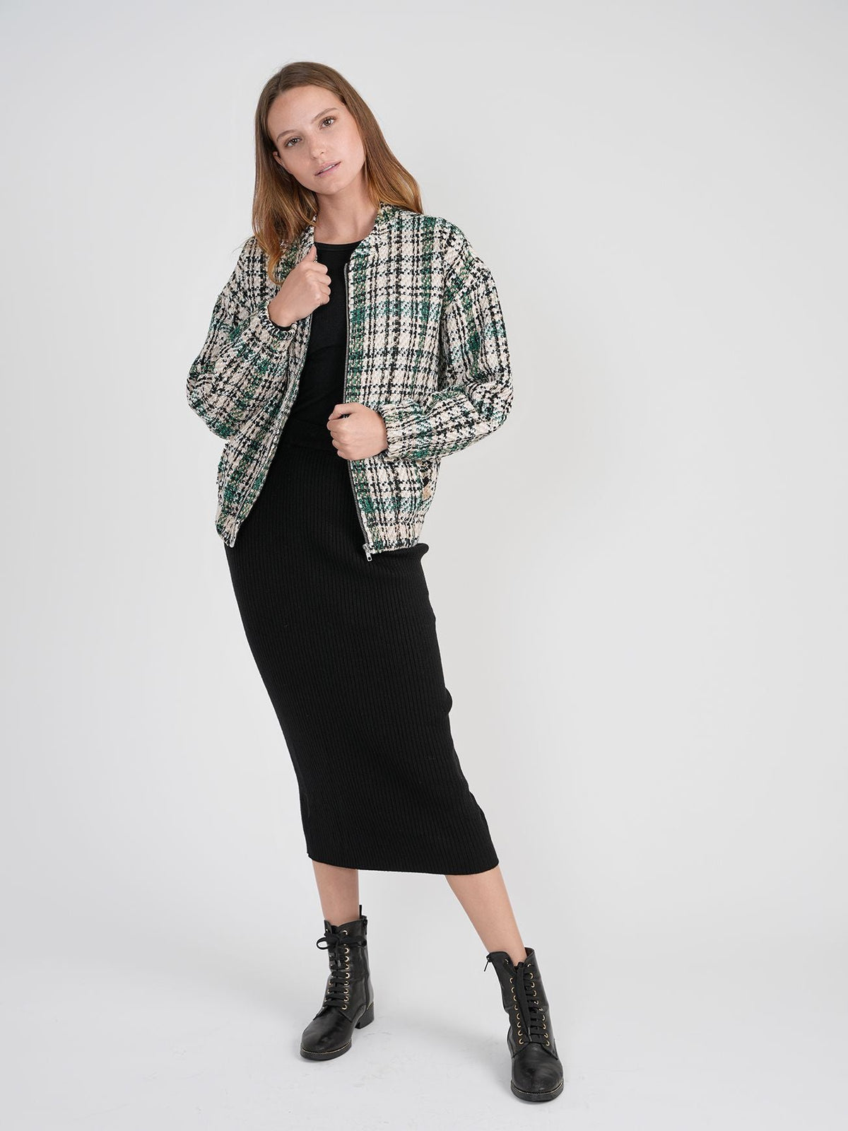 Bliss Tweed Plaid Bomber Jacket