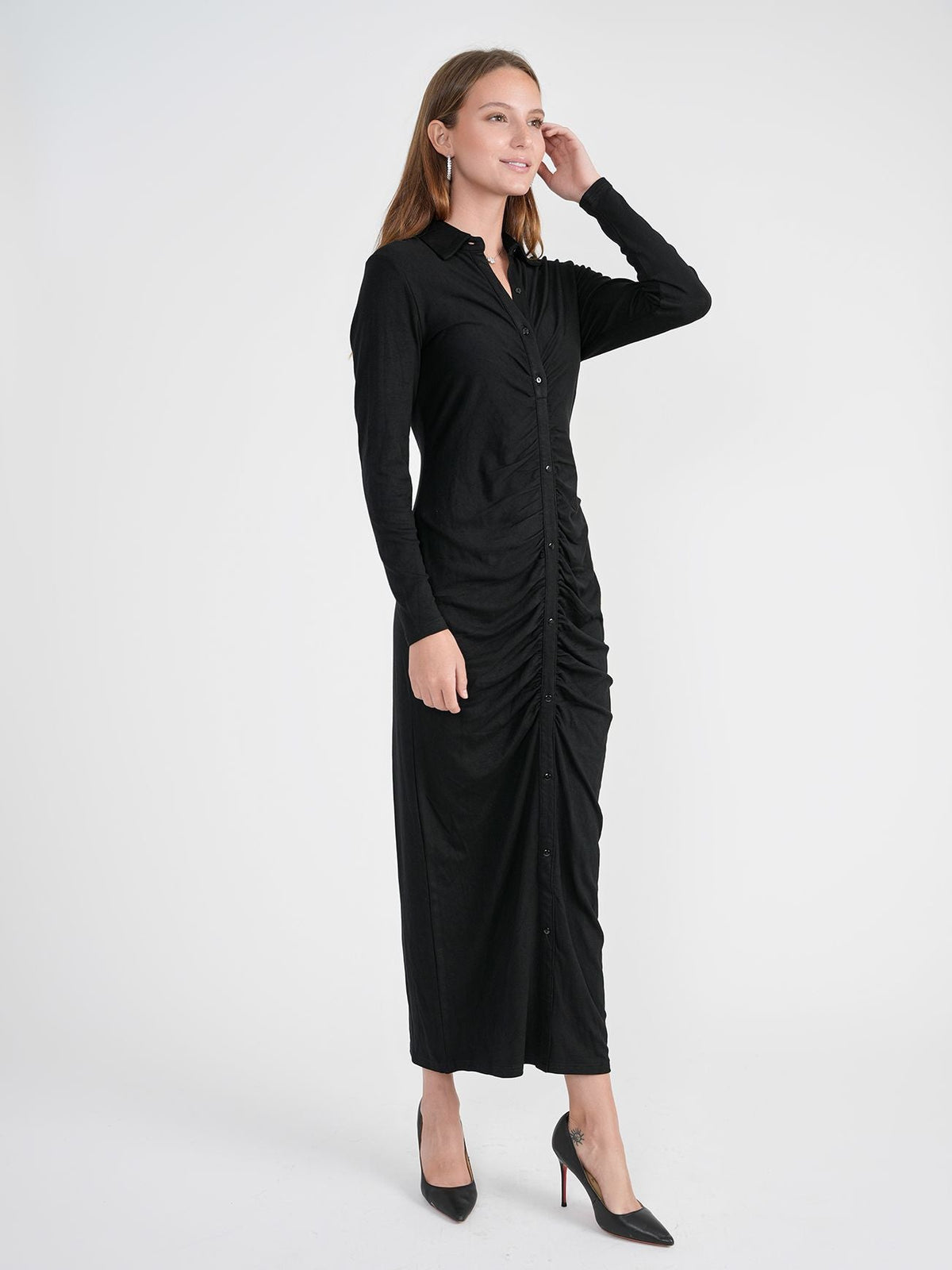 Bliss Ruched Maxi Slinky Shirt Dress