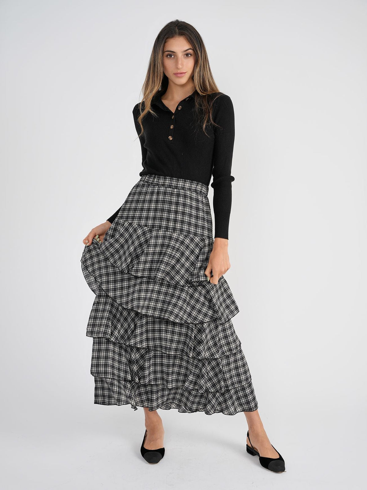 Bliss Plaid Tiered Maxi Skirt