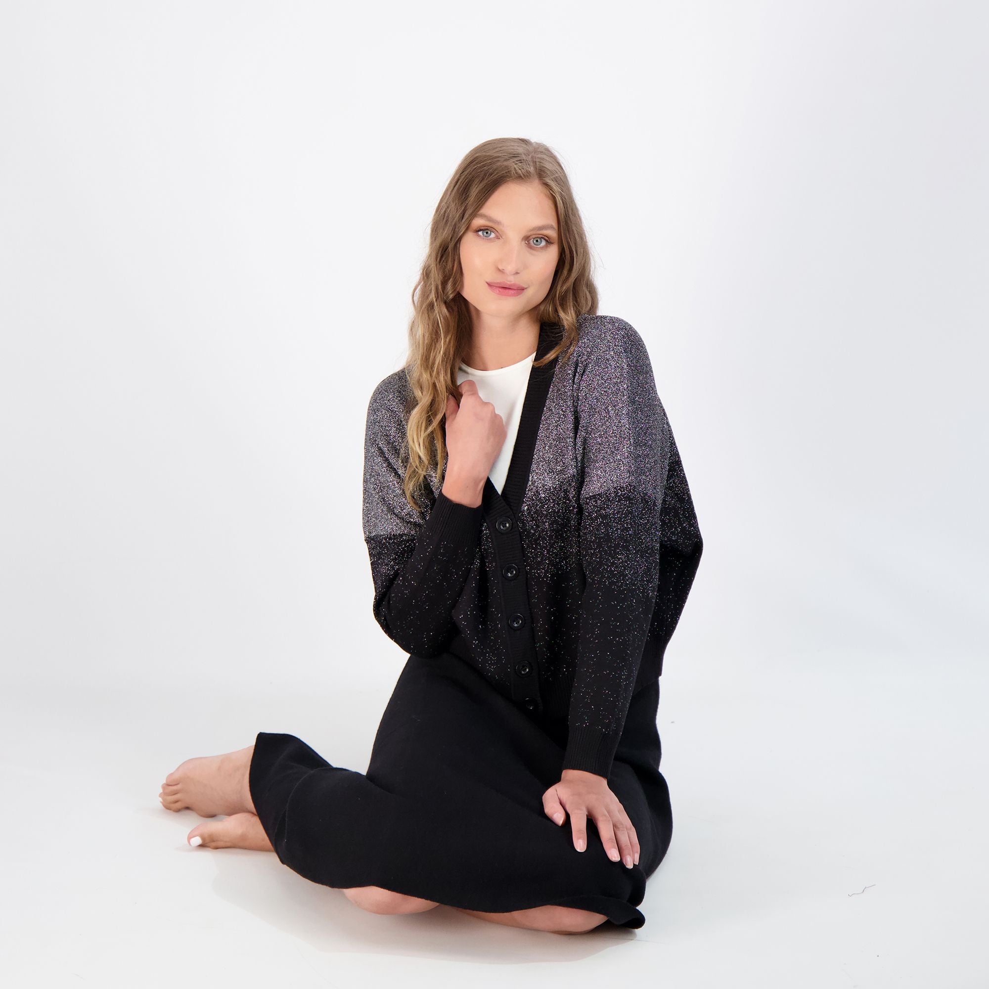 Bianco Nero Ombre Metallic Dolman Cardigan-Cardigan-Mementos